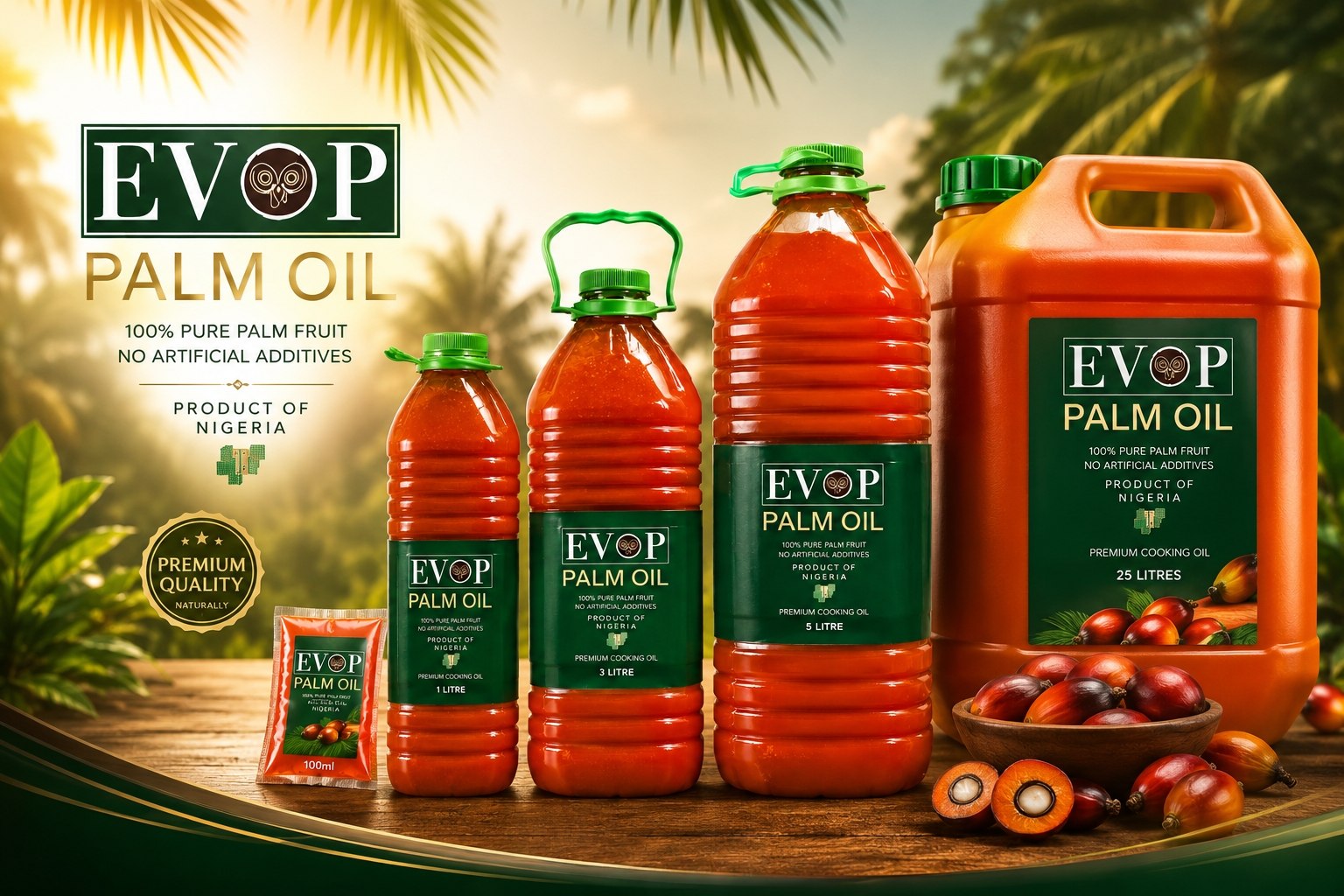 EVOP Palm Oil bottle range — 100ml sachet to 25 litre jerrycan